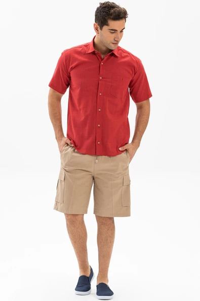 Kısa Kol Şile Bezi Tek Cepli Erkek Yazlık Gömlek Kırmızı 3051 M Kırmızı - Resim 4