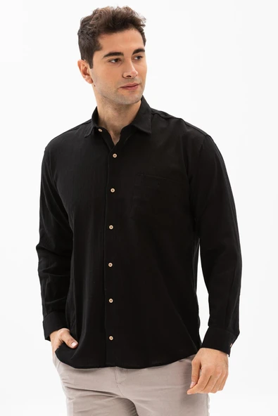 Uzun Kol Şile Bezi Tek Cepli Erkek Yazlık Gömlek Siyah 3003 L Siyah - Resim 3