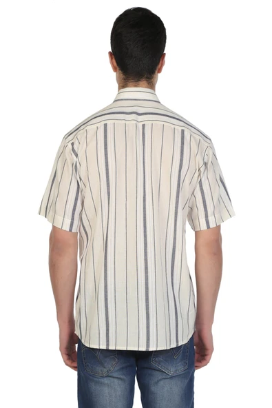 Kısa Kol Şile Bezi Tek Cepli Erkek Yazlık Gömlek Ekru Gri Çizgili 3028 2XL Ekru Gri Çizgili - Resim 2