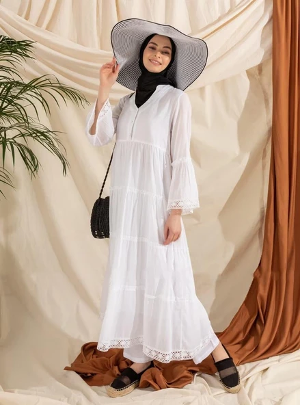 Uzun Kol Vual Şeyma Uzun Yazlık Elbise Beyaz Byz XL Beyaz - Resim 8