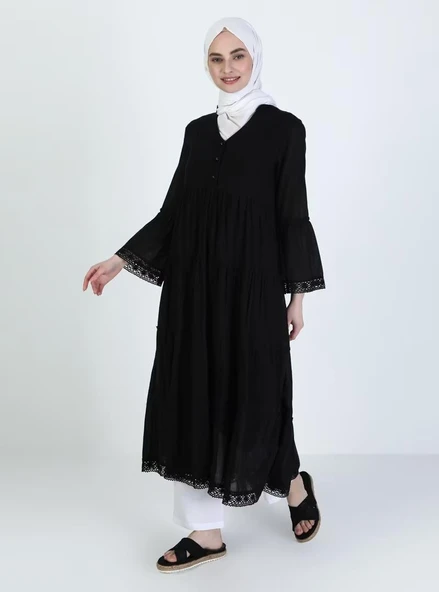 Uzun Kol Vual Şeyma Uzun Yazlık Elbise Siyah Syh L Siyah - Resim 9