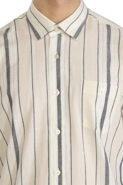 Kısa Kol Şile Bezi Tek Cepli Erkek Yazlık Gömlek Ekru Gri Çizgili 3028 2XL Ekru Gri Çizgili - Resim 3