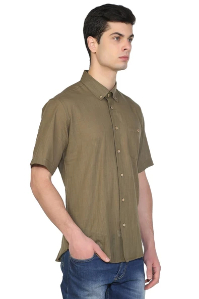 Kısa Kol Dar Kalıp Şile Bezi Tek Cepli Erkek Yazlık Gömlek Haki 3049 XL Haki - Resim 4