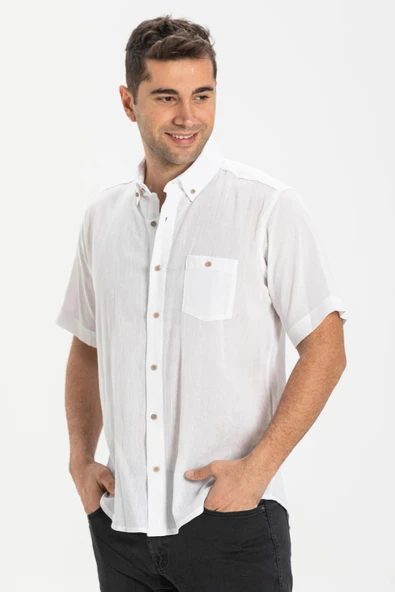Kısa Kol Dar Kalıp Şile Bezi Tek Cepli Erkek Yazlık Gömlek Beyaz 3001 L Beyaz - Resim 3