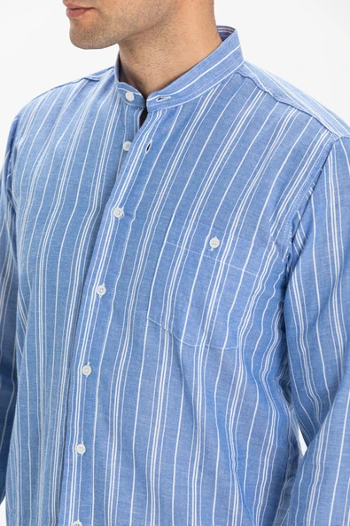 Uzun Kol Şile Bezi Hakim Yaka Tek Cepli Erkek Yazlık Gömlek Mavi Beyaz Çizgili 3019 L Mavi Beyaz Çizgili - Resim 3