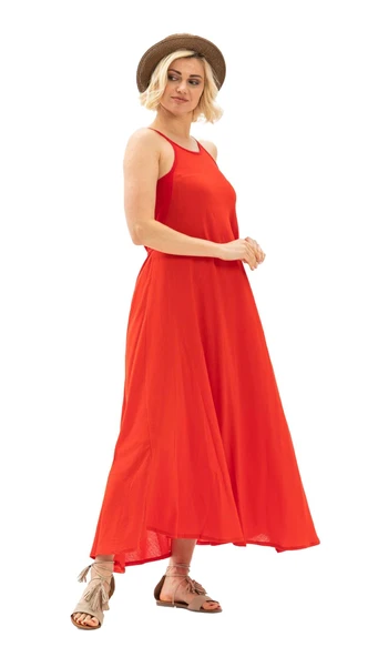 Askılı Şile Bezi Sima Uzun Yazlık Elbise Kırmızı Krmz M Kırmızı - Resim 6