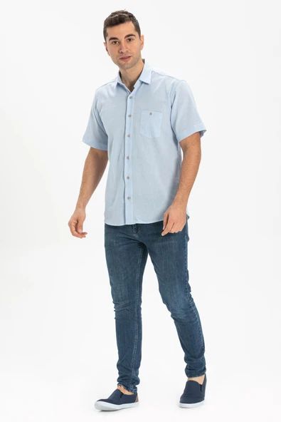 Kısa Kol Şile Bezi Tek Cepli Erkek Yazlık Gömlek Buz Mavi 3027 2XL Buz Mavi