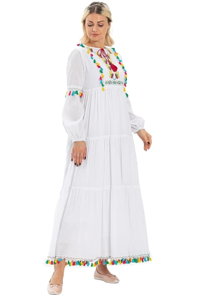 Uzun Kol Şile Bezi İffet Uzun Tesettür Elbise Beyaz Byz 2XL Beyaz - Resim 6