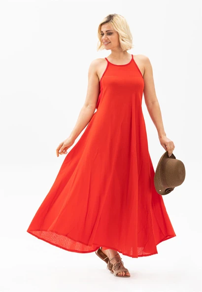 Askılı Şile Bezi Sima Uzun Yazlık Elbise Kırmızı Krmz - Resim 3