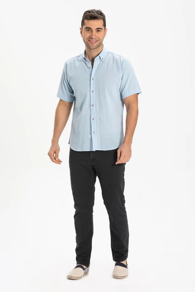 Kısa Kol Dar Kalıp Şile Bezi Tek Cepli Erkek Yazlık Gömlek Buz Mavi 3027 M Buz Mavi - 3