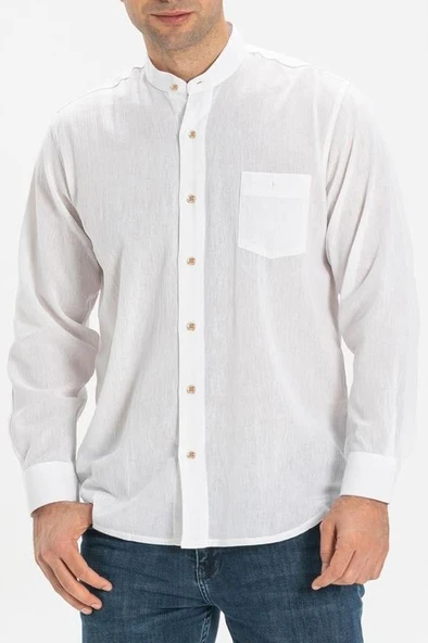 Uzun Kol Şile Bezi Hakim Yaka Tek Cepli Erkek Yazlık Gömlek Beyaz 3001 2XL Beyaz - Resim 3