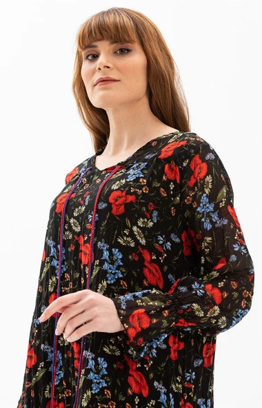 Uzun Kol Vual Gonca Uzun Yazlık Elbise Gelincik Desen Kırmızı Siyah Çizgili 6159 S/M Siyah - Resim 3