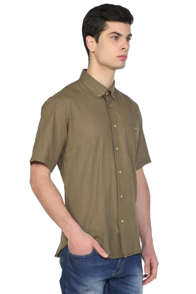 Kısa Kol Dar Kalıp Şile Bezi Tek Cepli Erkek Yazlık Gömlek Haki 3049 L Haki - 4