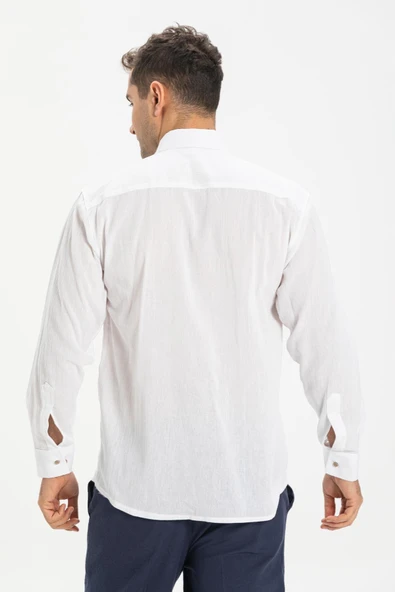 Uzun Kol Şile Bezi Tek Cepli Erkek Yazlık Gömlek Beyaz 3001 L Beyaz - Resim 2