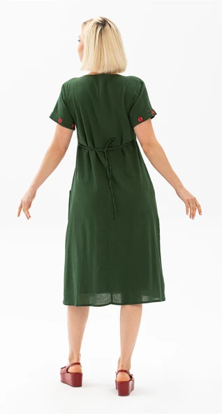 Kısa Kol Şile Bezi Büyük Beden Melek Midi Boy Yazlık Elbise Yeşil Ysl 5XL Yeşil - Resim 2