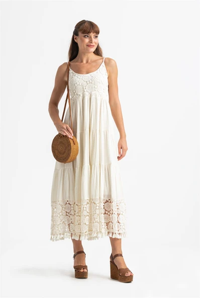 Askılı Şile Bezi Didem Uzun Yazlık Elbise Krem Krm - Resim 5