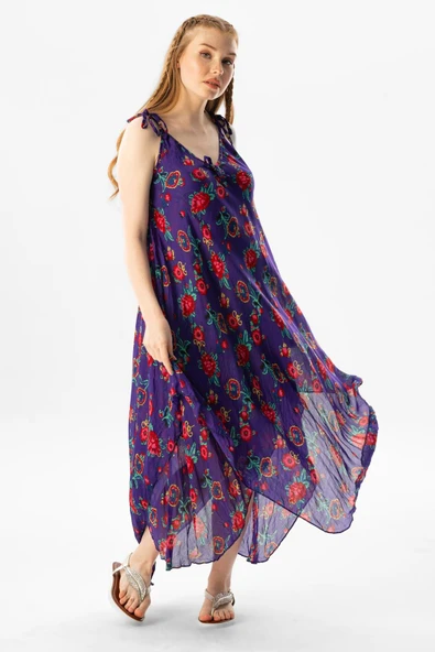 Askılı Vual Afrodit Midi Boy Yazlık Elbise Mor 6084 - Resim 4