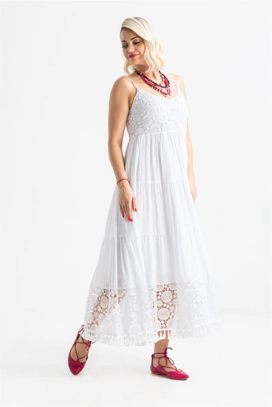 Askılı Şile Bezi Didem Uzun Yazlık Elbise Beyaz Byz - Resim 6