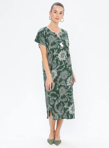 Kısa Kol Şile Bezi Baskılı Uzun Yazlık Elbise Çınar Desen Yeşil Ysl - Resim 8