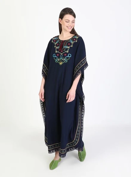 Kısa Kol Şile Bezi Gülseren Uzun Yazlık Otantik Elbise Lacivert Lcvt S/M Lacivert - Resim 8