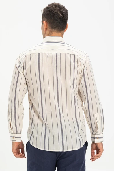 Uzun Kol Şile Bezi Tek Cepli Erkek Yazlık Gömlek Ekru Gri Çizgili 3028 XL Ekru Gri Çizgili - Resim 2