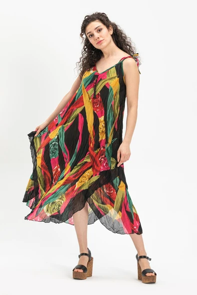 Askılı Vual Afrodit Midi Boy Yazlık Elbise Siyah 6125 ürün görseli