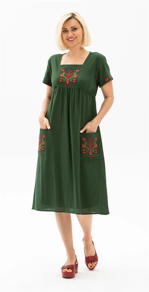 Kısa Kol Şile Bezi Büyük Beden Melek Midi Boy Yazlık Elbise Yeşil Ysl 5XL Yeşil ürün görseli