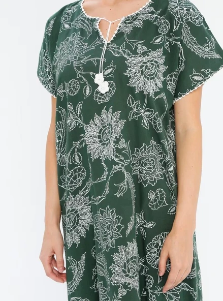 Kısa Kol Şile Bezi Baskılı Uzun Yazlık Elbise Çınar Desen Yeşil Ysl M Yeşil - Resim 11