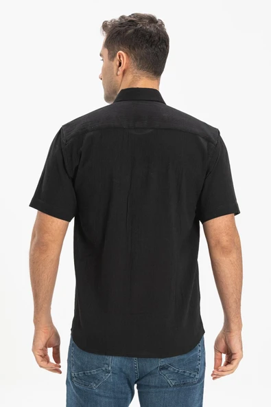 Kısa Kol Şile Bezi Tek Cepli Erkek Yazlık Gömlek Siyah 3003 2XL Siyah - Resim 2