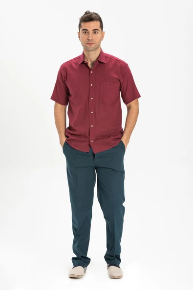 Kısa Kol Şile Bezi Tek Cepli Erkek Yazlık Gömlek Koyu Bordo 3068 XL Bordo