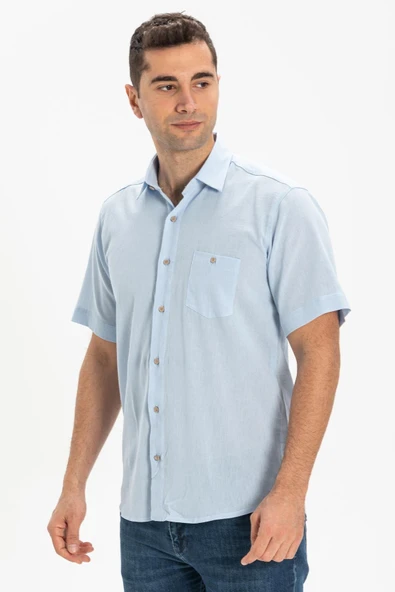 Kısa Kol Şile Bezi Tek Cepli Erkek Yazlık Gömlek Buz Mavi 3027 2XL Buz Mavi - 4