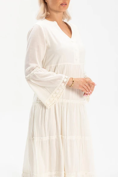 Uzun Kol Vual Şeyma Uzun Yazlık Elbise Krem Krm XL Krem - Resim 3