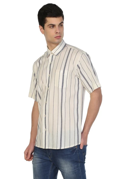 Kısa Kol Şile Bezi Tek Cepli Erkek Yazlık Gömlek Ekru Gri Çizgili 3028 2XL Ekru Gri Çizgili - Resim 4