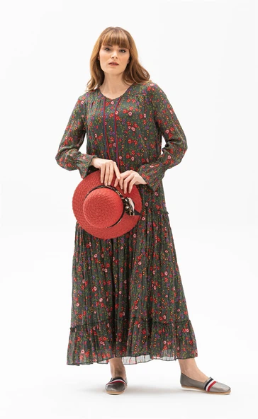 Uzun Kol Vual Gonca Uzun Yazlık Elbise Tomurcuk Desen Yeşil 6170 - Resim 5