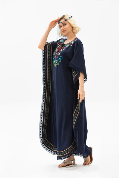 Kısa Kol Şile Bezi Gülseren Uzun Yazlık Otantik Elbise Lacivert Lcvt S/M Lacivert - Resim 3