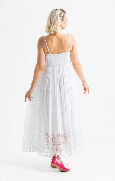 Askılı Şile Bezi Didem Uzun Yazlık Elbise Beyaz Byz - Resim 2