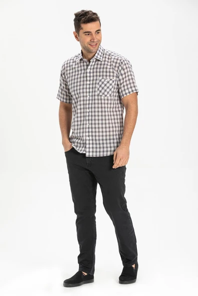 Kısa Kol Şile Bezi Tek Cepli Erkek Yazlık Gömlek Füme Ekose 3039 M Füme Ekose ürün görseli