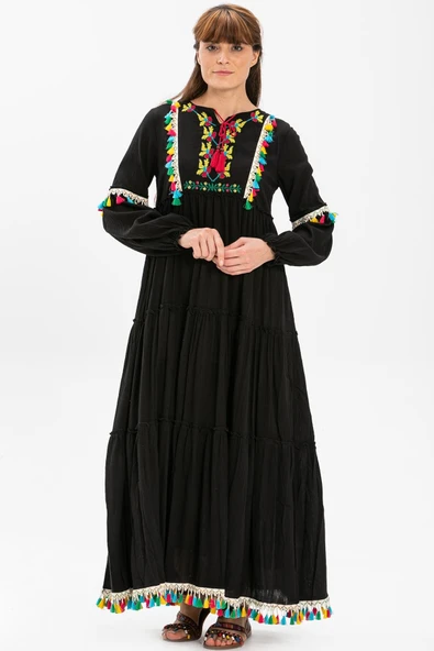 Uzun Kol Şile Bezi İffet Uzun Tesettür Elbise Siyah Syh L Siyah ürün görseli