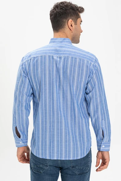 Uzun Kol Şile Bezi Hakim Yaka Tek Cepli Erkek Yazlık Gömlek Mavi Beyaz Çizgili 3019 XL Mavi Beyaz Çizgili - Resim 2
