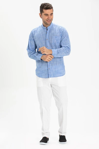 Uzun Kol Şile Bezi Hakim Yaka Tek Cepli Erkek Yazlık Gömlek Mavi Kırçıllı 3077 2XL Mavi Kırçıllı ürün görseli