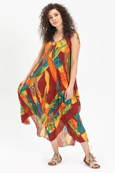 Askılı Vual Afrodit Midi Boy Yazlık Elbise Bordo 6151 - Resim 4