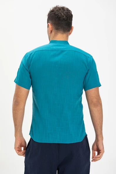 Kısa Kol Şantuklu Pamuk Bodrum Yazlık Erkek Gömlek Petrol 3053 M Petrol - Resim 2