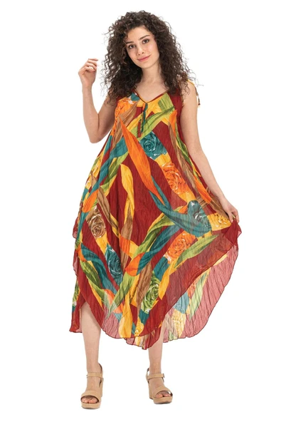 Askılı Vual Afrodit Midi Boy Yazlık Elbise Bordo 6151 - Resim 6