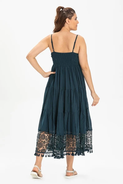 Askılı Şile Bezi Didem Uzun Yazlık Elbise Petrol Ptrl - Resim 2