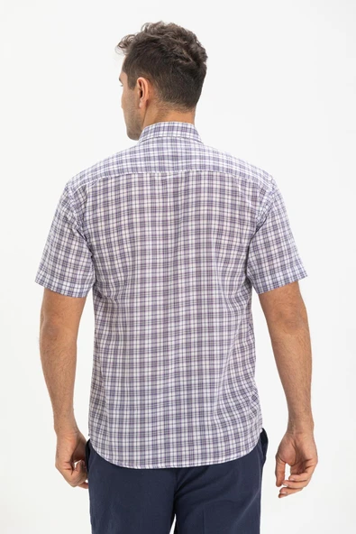 Kısa Kol Şile Bezi Tek Cepli Erkek Yazlık Gömlek Mor Kareli 3035 L Mor Ekose - Resim 2