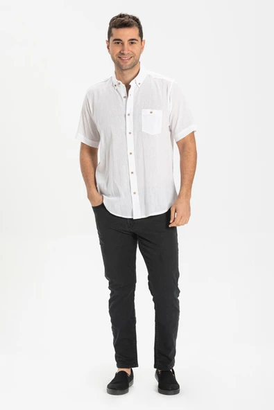 Kısa Kol Dar Kalıp Şile Bezi Tek Cepli Erkek Yazlık Gömlek Beyaz 3001 M Beyaz - Resim 4