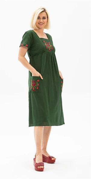 Kısa Kol Şile Bezi Büyük Beden Melek Midi Boy Yazlık Elbise Yeşil Ysl 5XL Yeşil - Resim 3