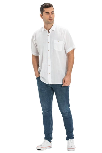 Kısa Kol Şile Bezi Tek Cepli Erkek Yazlık Gömlek Beyaz 3001 L Beyaz - Resim 6