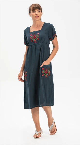 Kısa Kol Şile Bezi Büyük Beden Melek Midi Boy Yazlık Elbise Petrol Ptrl 4XL Petrol ürün görseli