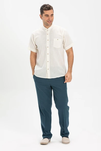 Kısa Kol Şile Bezi Hakim Yaka Tek Cepli Erkek Yazlık Gömlek Krem 3002 M Krem - Resim 5